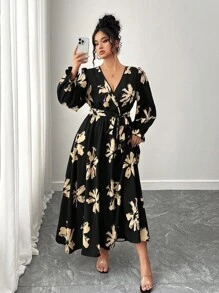 Elenzga Plus Size Women's V Neck Lantern Sleeve Waisted A-Line Maxi Dress, Autumn And Winter Fall Cloth For Women - Multicolor - View 6