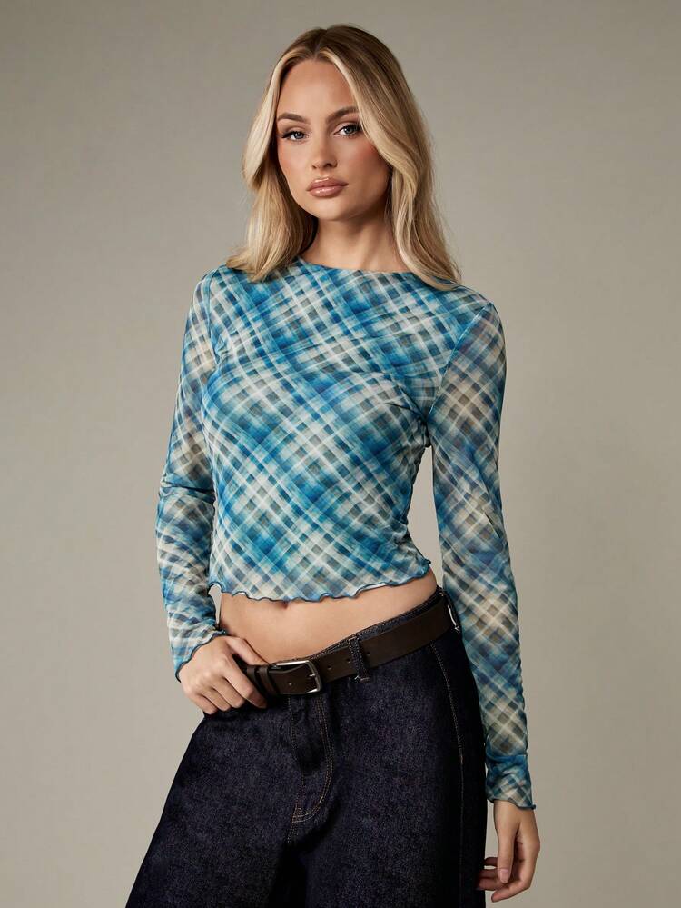 MISSGUIDED Diagonal Plaid Print Long Sleeve Mesh Top Lettuce Edge Hem Y2K Fashion Winter Fall Casual Stretch Layering Crop Top Basic Fitted Ladies Top