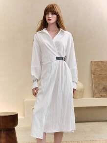 Arave 法式优雅通勤女士V领灯笼袖收腰衬衫裙 - 白色 - 查看 6