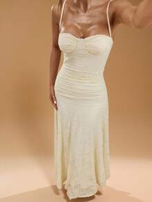 SHEIN BAE Váy ren dài siêu dài màu mơ thanh lịch, bó sát, xếp nếp, váy ren in họa tiết, trang phục dự tiệc cưới, váy ren, váy thanh lịch - Màu be - Xem 7