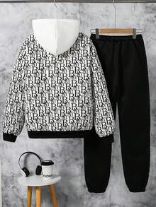 2pcs Teen Boys Teddy Fleece Printed Jacket & Black Japanese Style Sweatshirt Pants Set, Casual Sporty Outfit Suitable For School, Outdoor, Photography, Soft & Comfortable, Must-Have Teens Clothing Fall Winter - White - View 2