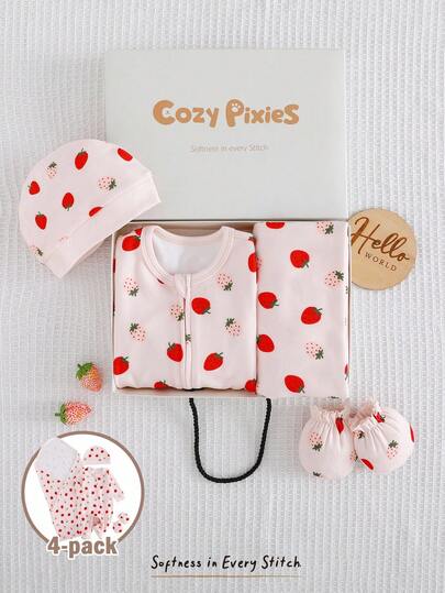 Cozy Pixies 新生儿4件套可爱草莓套装，柔和的粉红色使其更加可爱和充满活力