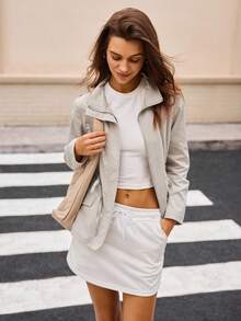 Hanevo 女式纯色翻领拉链运动休闲修身轻便夹克，秋冬 - 淺灰色 - 查看 1