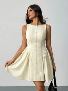 SHEIN Tall Váy mini trơn không tay dành cho nữ, thời trang cho mùa xuân, hè, thu, đông, thích hợp mặc nhiều lớp, dự tiệc, hẹn hò - Màu be - Xem 8