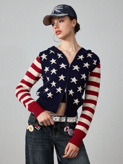 J-Fashion Y2K Retro Patriotic Flag Print Tight Collar Cardigan For Women