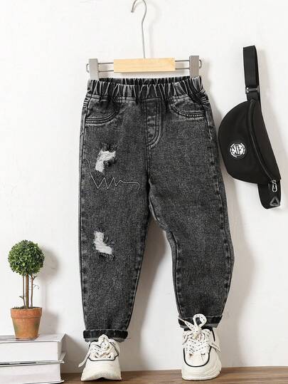 SHEIN Playful Pals Ung pojke Höst Casual Enkel broderade avsmalnande jeans