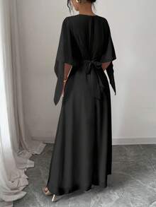 Elenzga Đầm suông cổ tròn tay bèo nhún thanh lịch dành cho nữ, mùa xuân/hè - màu đen - Xem 2