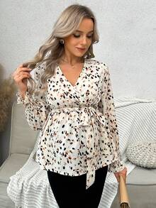 SHEIN Women's Floral Print V-Neck Tie Front Maternity Nursing Top, Autumn - Apricot - View 8