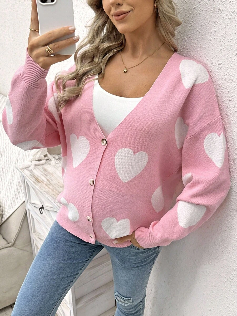 SHEIN Maternity Autumn/Winter Cardigan Sweater Jacket, Contrast Heart Casual Knit Cardigan - Pink - View 1