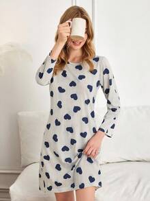 Vestito da notte/casa da donna a maniche lunghe con motivo a righe e cuori a contrasto di colore