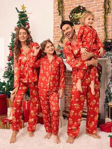 SHEIN 女孩姜饼和雪花印花勃艮第圣诞睡衣套装，长袖上衣和裤子，阻燃 - 酒紅色 - 查看 4