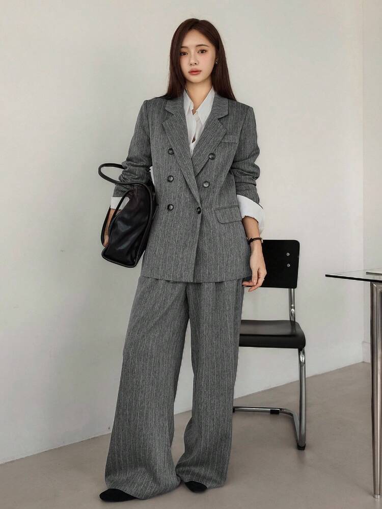 Women's Business Casual Floral Pattern Suit Set, Loose Fit Blazer Jacket And Straight Leg Pants, Suitable For Office Commute In Autumn And Winter