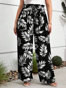SHEIN Frenchy Plusstorlek Dam Musikfestival Semesterstil Tonad Semester Tropiskt Växtmönster Sommar Hög Midja Knyt Lösa Casualbyxor - Svart och Vitt - Visa 6