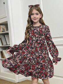 SHEIN Tween 女童碎花印花荷叶袖荷叶边下摆连衣裙 - 黑色 - 查看 6