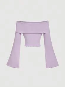 SHEIN MOD Áo thun nữ hở vai tay loe họa tiết bướm tím tử đinh hương thời trang - Màu Lilac Tím - Xem 2