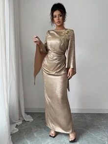 Elenzga Elegant French Style Gold Waist Ruched Asymmetric Flare Sleeve Bodycon Midi Dress - Gold - View 5