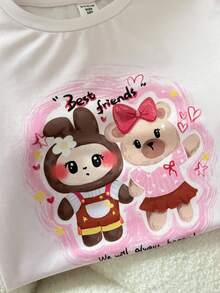 SHEIN 青少年女孩波西米亚风格卡通条纹可爱印花休闲简约圆领长袖 T 恤和宽松裤子家居服套装 - 淺粉色 - 查看 6