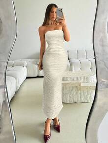 Aloruh 女式褶皱修身优雅蕾丝吊带背心连衣裙 - 杏色 - 查看 6