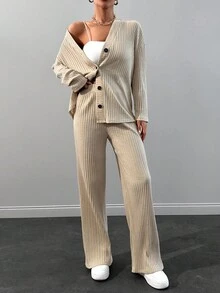 SHEIN Cottnline Feel Comfortable And Cozzy Cardigan Top& Pants Set - Beige - View 5