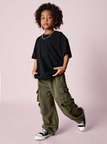 SHEIN 男童休闲时尚嘻哈风宽松大口袋工装裤 - 軍綠色 - 查看 4