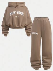 SHEIN 2pcs/Set Teen Girls Casual Letter Print Long Sleeve Crew Neck Sweatshirt And Sweatpants Set Teen 2 Piece Set Teen Girl Brown Set Teen Sweat Set New York Outfits Sweat Sets Tweens Comfy Fall Winter - Khaki - View 2