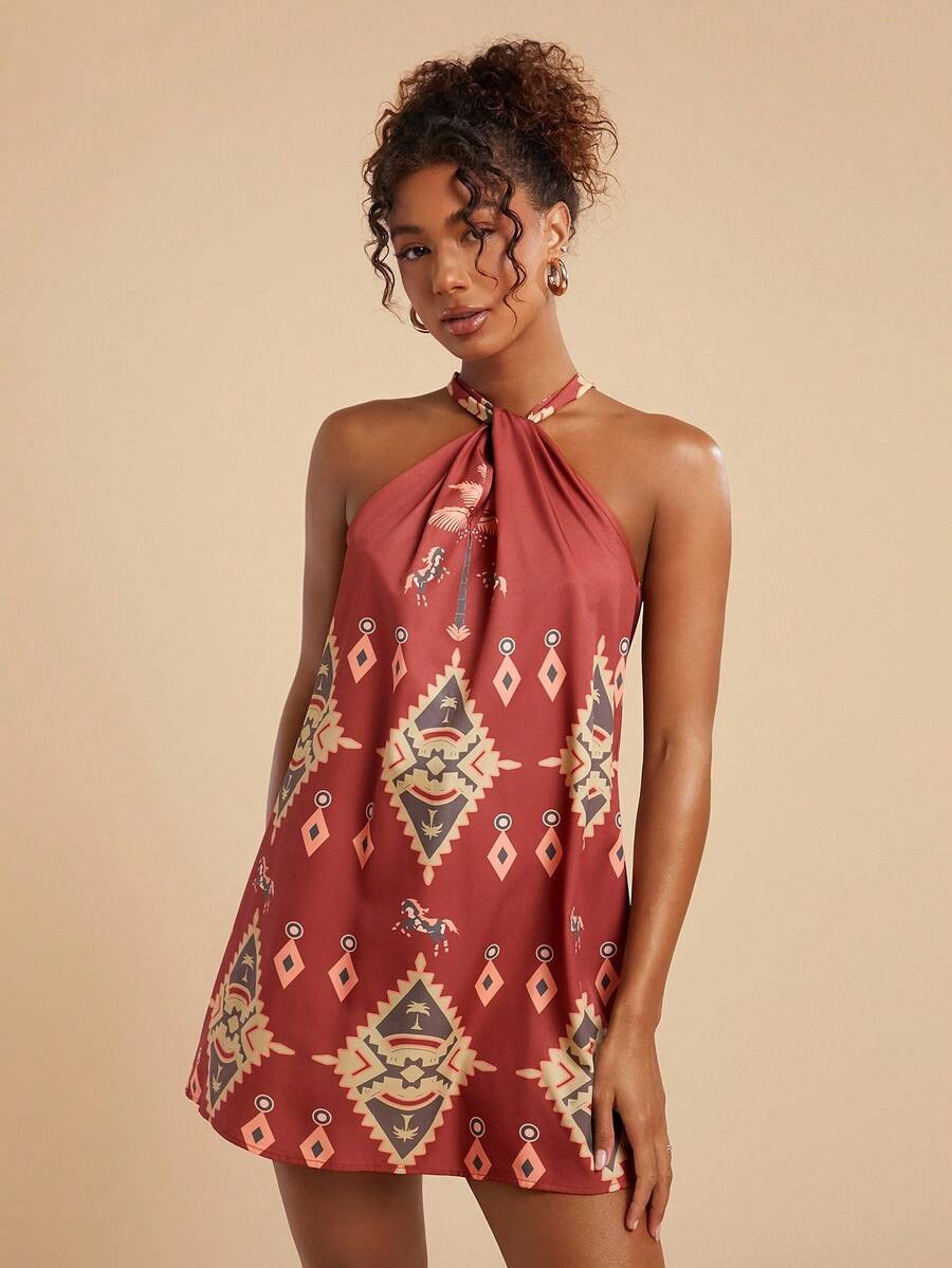 Travachic Vacation Woven Women's Geometric Print Pleated Halter Mini Dress Fall Outfits Women Winter Clothes For Women Halter Neck Dress For Women Juneteenth Dress Scarf Dress Havana Nights Outfit Printed Halter Dress,Casual Woman Style, Fall Outfits For Women, Chic Autumn,Going Out Outfit,Elegant Outfits,Country Style For Women, Beach Wedding Guest Dress,