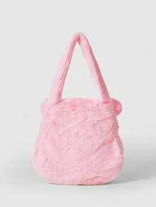 ROMWE X Care Bears Pink Plush Bear Embroidered Large Capacity Tote Bag, Suitable For School, Dates And Daily Use - Baby Pink - View 4