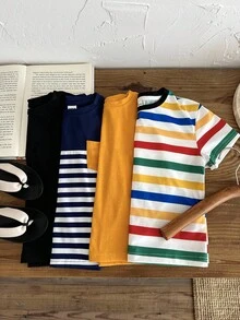 SHEIN 小男孩买 3 送 1，4 件/套舒适、经济、百搭日常休闲条纹圆领短袖 T 恤带口袋，适合春夏季、日常穿着、运动、郊游、学校、聚会、节日、拍照、返校季 - 彩色 - 查看 5