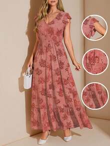 Amorya Women's Elegant Dusty Rose Velvet Burnout Floral Maxi Dress,Autumn Shirred Cap Sleeve Cinched Waist Tea Party Cottagecore Super Long Dress - Dusty Pink - View 3