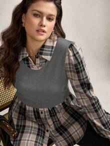Zelara Plus Size Stand Collar Plaid Long Lantern Sleeve Knit Contrast Stitching Casual Casual Loose Blouse Shirts,Office Wear Women, Two Pieces In One With Button Decoration