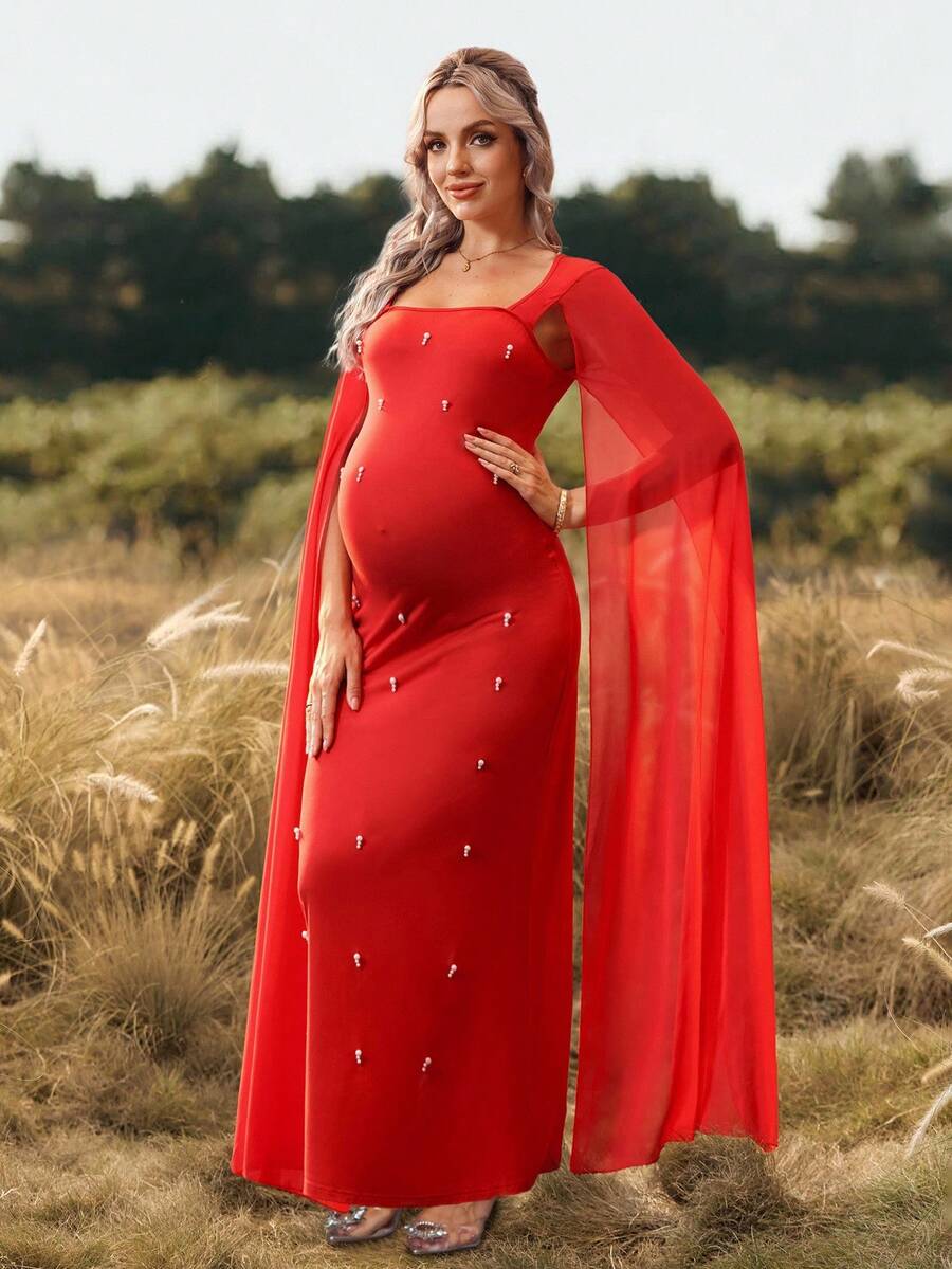 Cheriluna Maternity 优雅孕妇连衣长裙，方领雪纺弹力针织面料，美人鱼风格，适合圣诞派对、迎婴派对，红色 - 紅色 - 查看 1