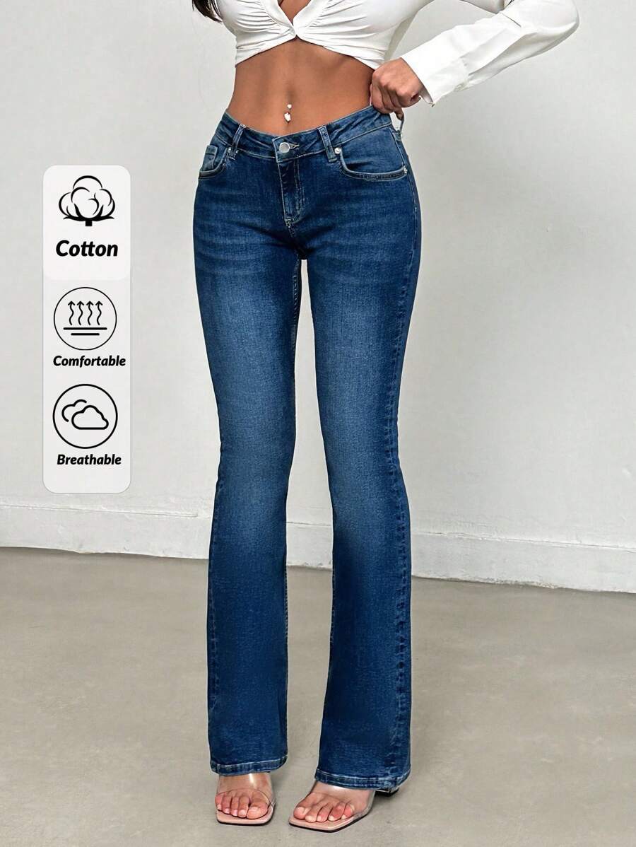 SHEIN Cottnline 98%Cotton Washed Flare Leg Slant Pocket Jeans - Dark Wash - View 1