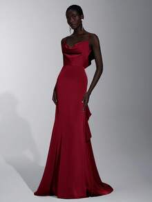 Elitara 优雅的荷叶边肩带伴娘礼服，红色 - 紅色 - 查看 4