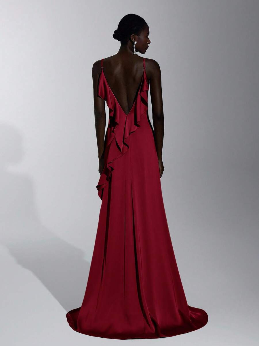 Elitara 优雅的荷叶边肩带伴娘礼服，红色 - 紅色 - 查看 1