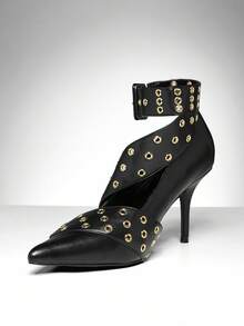 SHUZIA Women's Elegant Minimalist Point Toe Stiletto Heel Pumps With Buckle Eyelets Decors - Black - View 4