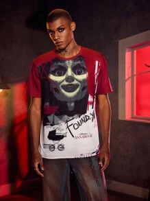 ANNABELLE x SHEIN Camiseta de manga corta con cuello redondo y bloqueo de color con figura gráfica de película de terror para hombres - Multicolor - Ver 3