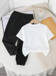 SHEIN Bộ quần dài tay ngắn cổ tròn họa tiết hoạt hình dễ thương phong cách Y2K cho bé trai mùa thu mới thoải mái, giản dị, phong cách graffiti - Nhiều màu - Xem 2