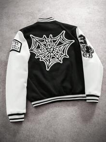 PAVTROS Men's Long Sleeve Y2K Number Skull & Bat Embroidered Color-Block Varsity Jacket, Black And White Skeleton Baseball Bomber, Emo Style Winter Outerwear, Halloween & Back To School, Fashionable Versatile Gift For Your Boyfriend , Fall - Black - View 2