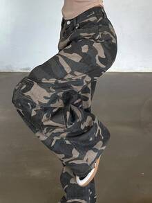 FRIFUL 女式宽松休闲迷彩工装牛仔裤 - 灰色 - 查看 5