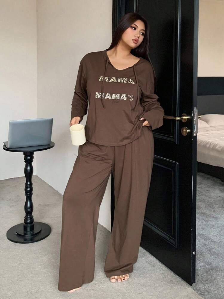 Dazy Plus Plus Size Women Leopard Print Letter Graphic Top & Pants Loose Pajama Set, Casual Sleepwear, Fall & Winter Clothes, Cozy Outfits