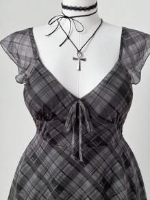 Sunspun Sukienka w kratę z nadrukiem i kwadratowym dekoltem i rękawami typu cap, letnia