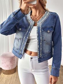 EMERY ROSE Pearl Decor Short Denim Jacket Old Money Style Women's Vintage Clothing Women's Office Clothing Simple Metallic Women's Office Blazer Pearl Embellished Denim Jacket - Blue - View 5