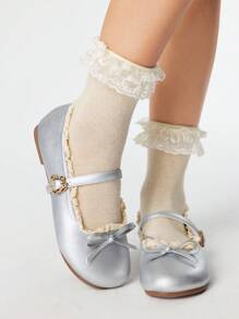 ROMWE Kawaii 女士白色玛丽珍鞋，包头，单带，蝴蝶结，蕾丝边，洛丽塔风格，甜美日式校服平底鞋 - 銀色 - 查看 1