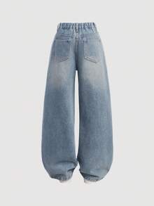 SHEIN Girlism 少女Y2K时尚复古水洗不对称腰身宽松阔腿牛仔裤，秋季返校季，Y2K宽松牛仔裤，Y2K牛仔裤，阔腿牛仔裤，超大牛仔裤，冬季宽松牛仔裤 - 淺色水洗藍 - 查看 2