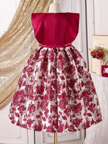 Vestido elegante de cetim com patchwork floral e jacquard com laço para meninas pré-adolescentes - Borgonha - Ver 5