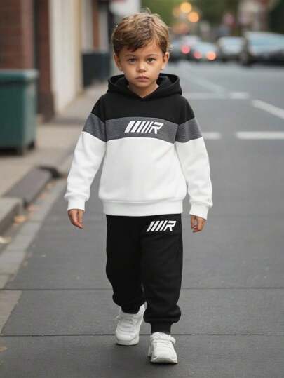 2 件男童运动服休闲学院风套装，舒适时尚，包含撞色连帽衫、运动衫夹克和松紧腰裤，适合秋季、春季、冬季、日常休闲、户外、学校、街头、派对、家居