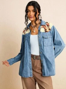 Freevana Áo sơ mi denim màu denim phong cách du mục đã giặt dành cho nữ cỡ lớn - Nhiều màu - Xem 6