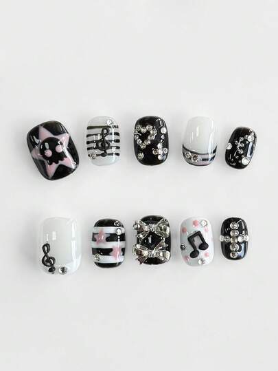 Anime 10pcs Cute Star, Music Note, Bow Accent Artificial Nails + 3pcs Double-Sided Adhesive, Removable Geometric Pattern, Line, Polka Dot Nail Art Stickers, High-Quality Rhinestone Decor Colorful Manicure, Suitable For Holidays, Parties, Dancing And Daily Wear