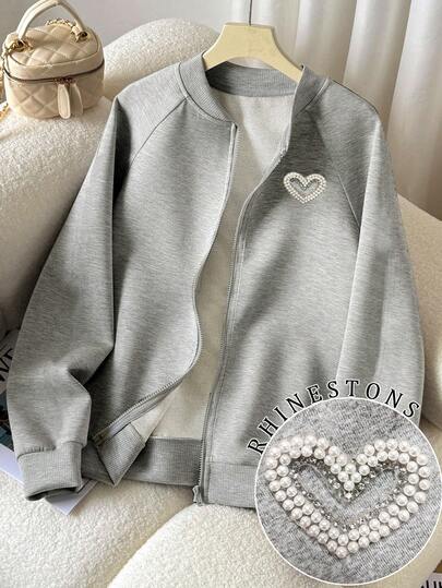 Franclia Women's Casual Everyday Pearl & Rhinestone Heart Decor Raglan Sleeve Zip-Up Baseball Jacket, Spring/Autumn