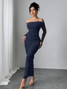 Firerie Elegantes weißes Damen Maxikleid mit Off-Shoulder Ausschnitt, Perlendekor, Rüschen, figurbetonter Passform, romantisch für Partys und Dates, Valentinstag - marineblau - Übersicht 5